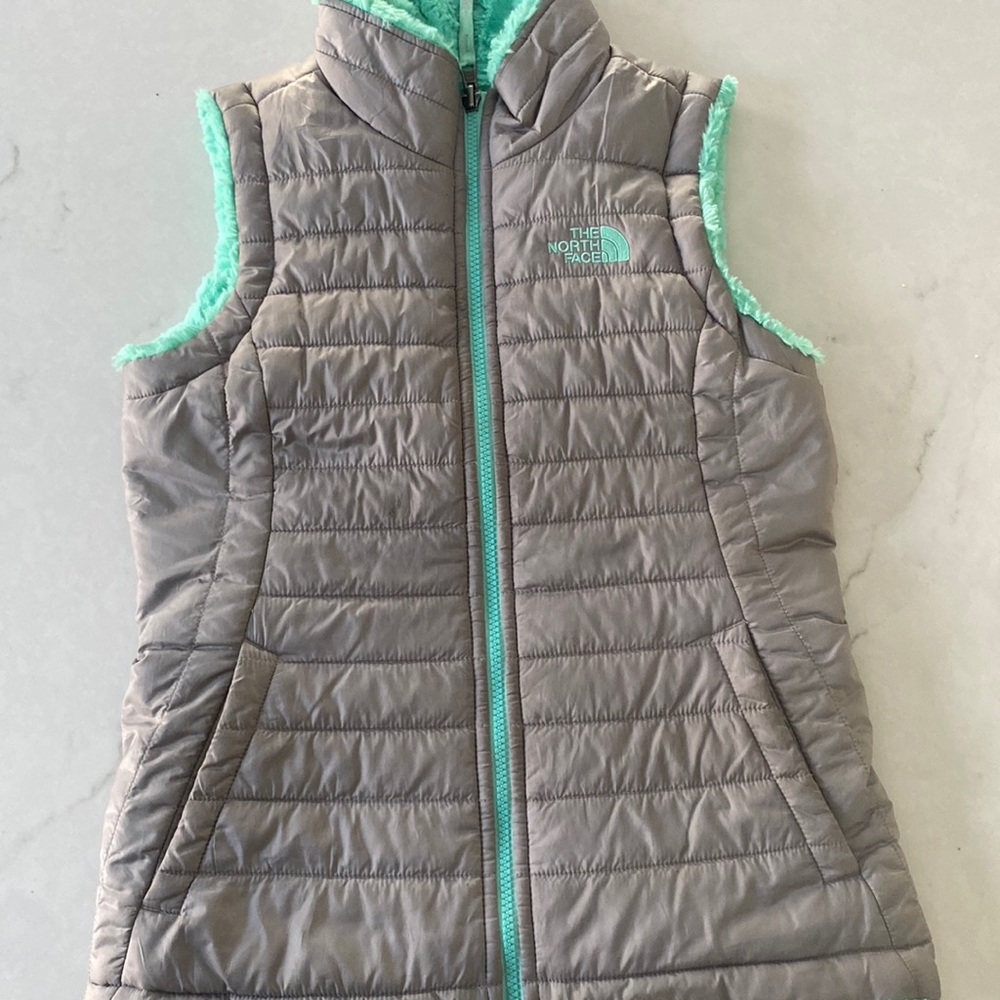 Grey and teal north face reversible vest